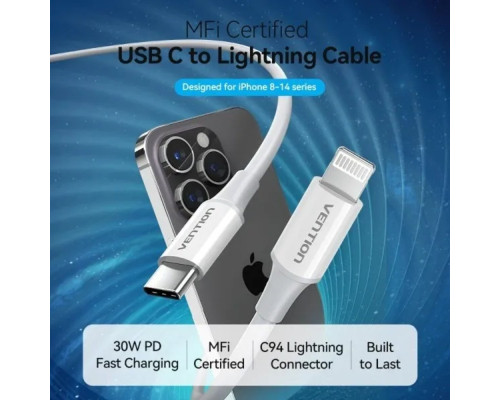 USB 2.0 Type-C Male to Lightning Male 3A Cable 1M White PVC Type (LAKWF)