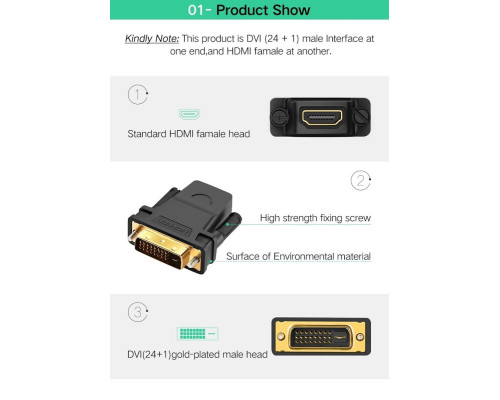 Кабель UGREEN 20124 DVI 24+1 Male to HDMI Female Adapter (Black) (UGR-20124) (UGR-20124)