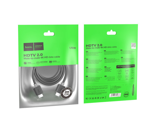 Кабель HOCO US08 HDTV 2.0 male-to-male 4K HD data cable(L=2M) Black (6931474799395)
