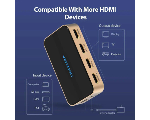 Сплітер Vention 1 In 2 Out HDMI Splitter 4K 30Hz Gold Aluminum Alloy Type EU Standard (ACBG0-EU) (ACBG0-EU)
