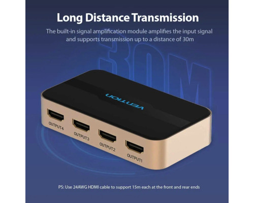 Сплітер Vention 1 In 2 Out HDMI Splitter 4K 30Hz Gold Aluminum Alloy Type EU Standard (ACBG0-EU) (ACBG0-EU)