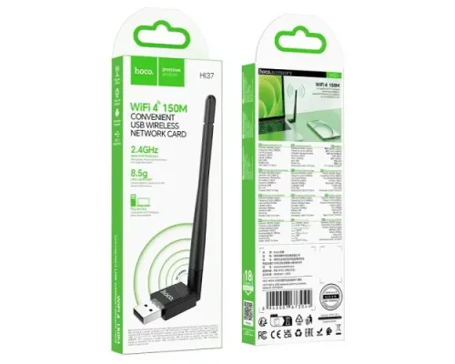 Адаптер Wi-Fi HOCO HI37 WiFi4 USB external antenna wireless network card Black mag-6942007673044153720