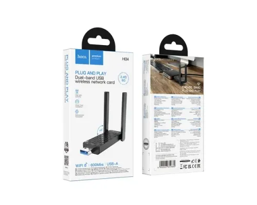 WiFi-роутер HOCO HI34 WiFi6 USB external dual antenna wireless network card чорний mag-6942007659680145305