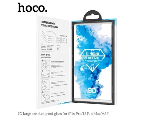 Захисне скло HOCO A34 9D Large Arc dustproof for iPhone 16 Pro Black mag-6942007635899145573