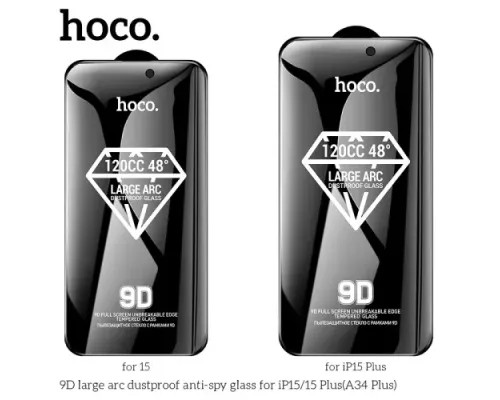 Захисне скло HOCO A34 Plus 9D Large Arc Anti-spy dustproof for iPhone15 Plus Black mag-6942007607483146874