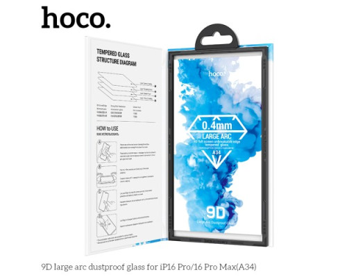 Захисне скло HOCO A34 9D Large Arc dustproof for iPhone 16 Pro Max Black mag-6942007635905140554
