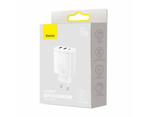 Мережевий зарядний пристрій Baseus Compact Quick Charger 2U+C 30W EU White (CCXJ-E02)