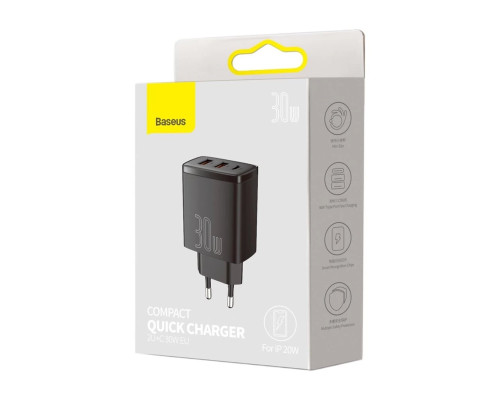 Мережевий зарядний пристрій Baseus Compact Quick Charger 2U+C 30W EU Black (CCXJ-E01)