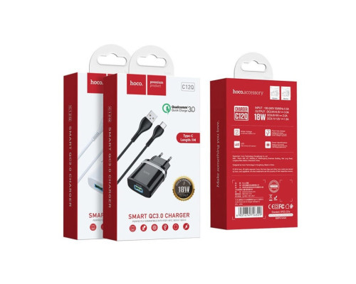 Мережевий зарядний пристрій HOCO C12Q Smart QC3.0 charger set(Type-C) 18W Black (6931474716293)