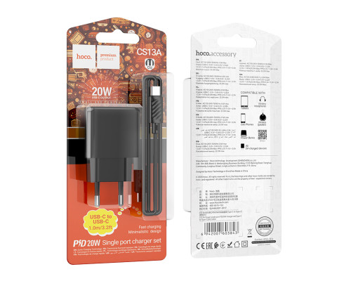 Мережевий зарядний пристрій HOCO CS13A Ocean single port PD20W charger set(Type-C to Type-C) Black (6942007603843)
