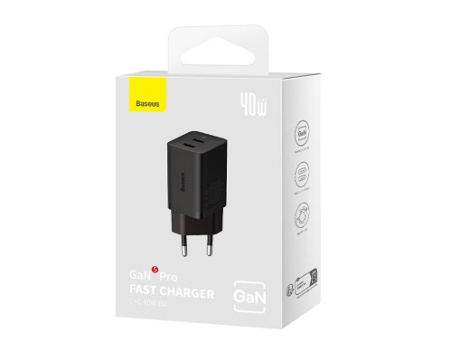 Мережевий зарядний пристрій Baseus GaN5 Pro Fast Charger C+C 40W EU Black (CCGP180101)