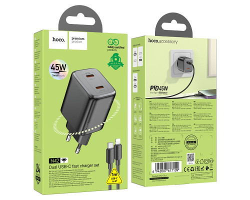 Мережевий зарядний пристрій HOCO N42 Elogiado dual-port PD45W(2C) charger set(C to iP) Black (6942007617109)