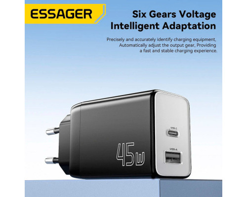 Зарядний пристрій ESSAGER ECT45W Gan 1USB 1T-C 45W black (ECT45W-LJB01-Z)