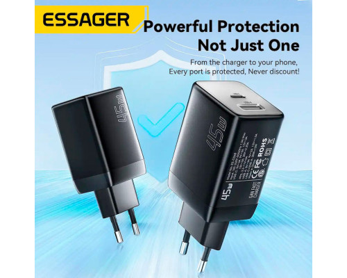 Зарядний пристрій ESSAGER ECT45W Gan 1USB 1T-C 45W black (ECT45W-LJB01-Z)