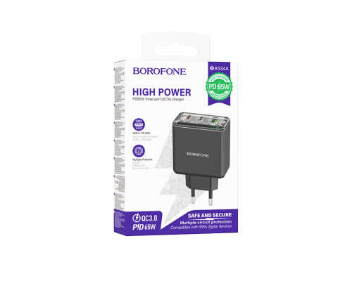 Мережевий зарядний пристрій BOROFONE BAS34A Treasure PD65W(2C1A) charger(EU) Black (6941991110740)
