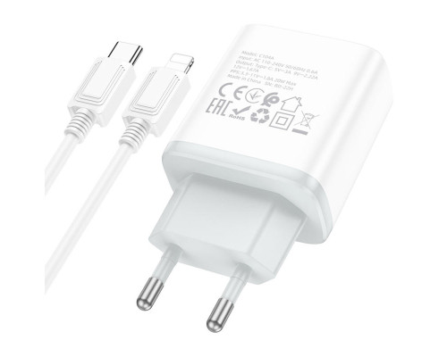 Мережевий зарядний пристрій HOCO C104A Stage single port PD20W charger set (C to iP)(EU) White (6931474782908)