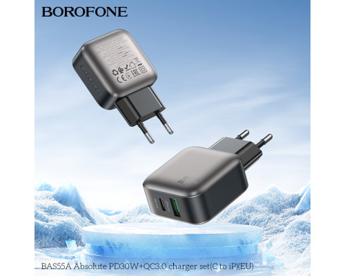 Мережевий зарядний пристрій BOROFONE BAS55A Absolute PD30W+QC3.0 charger set (C to iP) (EU) Black (6941991116247)