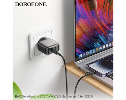 Мережевий зарядний пристрій BOROFONE BAS55A Absolute PD30W+QC3.0 charger set (C to iP) (EU) Black (6941991116247)