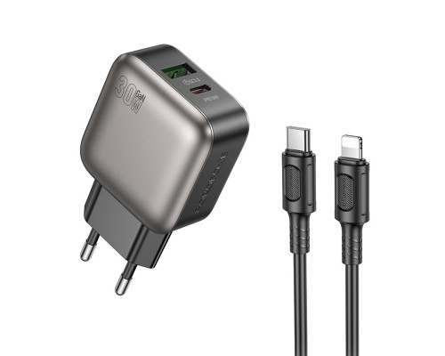Мережевий зарядний пристрій BOROFONE BAS55A Absolute PD30W+QC3.0 charger set (C to iP) (EU) Black (6941991116247)