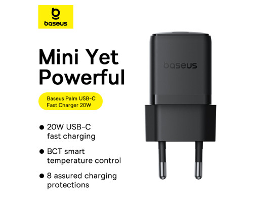 Мережевий зарядний пристрій Baseus Palm Fast Charger 1C 20W EU Cluster Black (with Baseus Mini White Cable USB-C to USB-C 60W (20V/3A) 1m Cluster Blac (P10111602113-01)