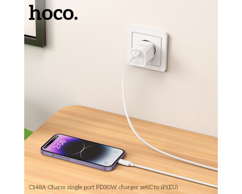 Мережевий зарядний пристрій HOCO C148A Charm single port PD30W charger set (C to iP) (EU) White (6942007630313)