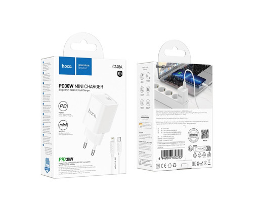 Мережевий зарядний пристрій HOCO C148A Charm single port PD30W charger set (C to iP) (EU) White (6942007630313)