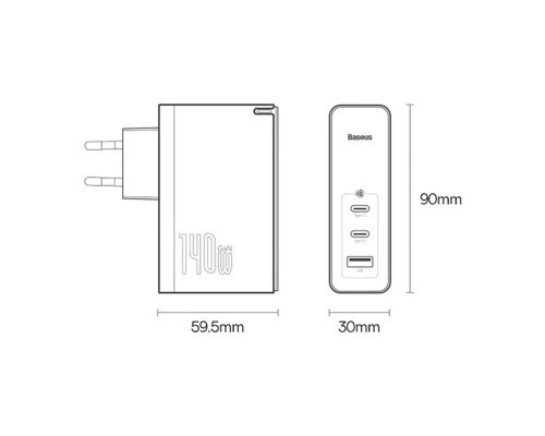Мережевий зарядний пристрій Baseus GaN5 Pro Fast Charger 2C+U 140W EU White (With Superior Series Fast Charging Data Cable Type-C to Type-C 240W（48V/5 (CCGP100202)