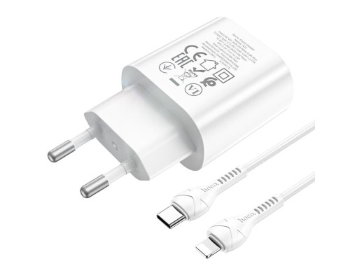 Мережевий зарядний пристрій HOCO N22 Jetta PD25W charger set (Type-C to iP)(EU) White (6931474760074)