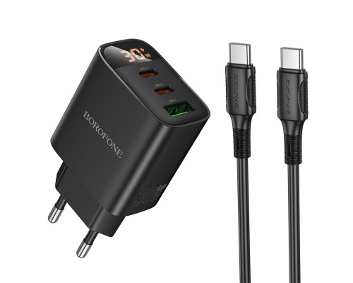 Мережевий зарядний пристрій BOROFONE BA98A Ilustre PD30W (2C1A) charger with digital display set (C to C) (EU) Black (6941991120534)