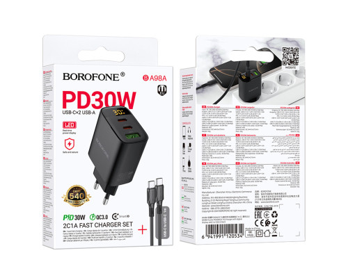 Мережевий зарядний пристрій BOROFONE BA98A Ilustre PD30W (2C1A) charger with digital display set (C to C) (EU) Black (6941991120534)