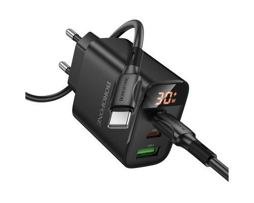 Мережевий зарядний пристрій BOROFONE BA98A Ilustre PD30W (2C1A) charger with digital display set (C to C) (EU) Black (6941991120534)