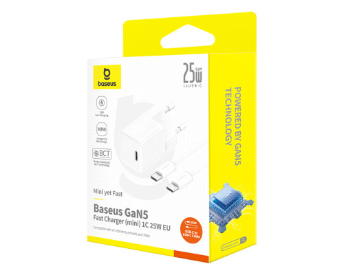 Мережевий зарядний пристрій Baseus GaN5 Fast Charger (mini) 1C 25W EU Moon White (with: Baseus Dynamic 3 Series Fast Charging Data Cable Type-C to Typ (P10110909213-01)