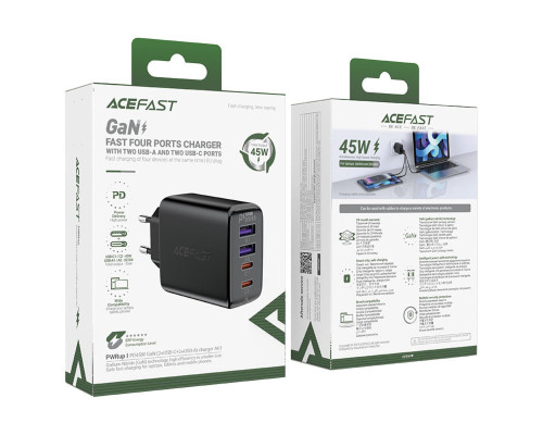 Мережевий зарядний пристрій ACEFAST A61 PD45W GaN (2*USB-C+2*USB-A) charger Black (6974316282754)