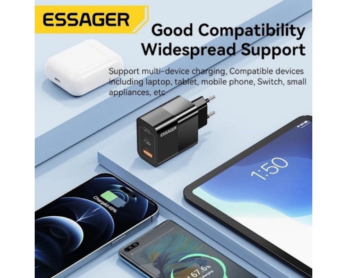 Зарядний пристрій ESSAGER ECT33W Gan 1USB 1T-C 33W black (ECT33W-LJB01-Z)