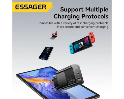 Зарядний пристрій ESSAGER ECT33W Gan 1USB 1T-C 33W black (ECT33W-LJB01-Z)