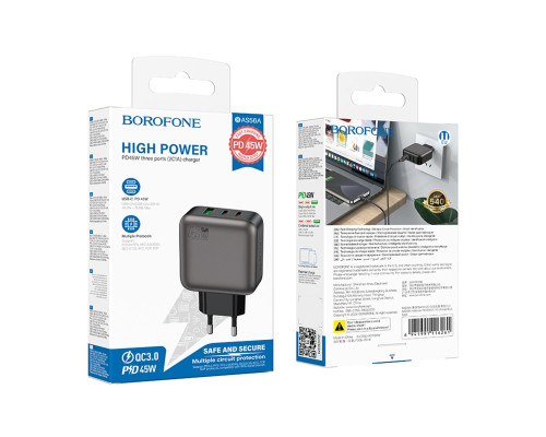 Мережевий зарядний пристрій BOROFONE BAS56A Absolute PD45W(2C1A) charger(EU) Black (6941991116261)