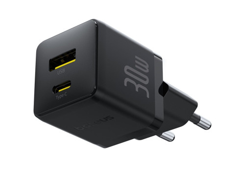 Мережевий зарядник пристрій Baseus Palm Fast Charger C+U 30W EU Cluster Black (with Baseus Mini White Cable USB-C to USB-C 60W (20V/3A) 1m) (P1011160A113-01)