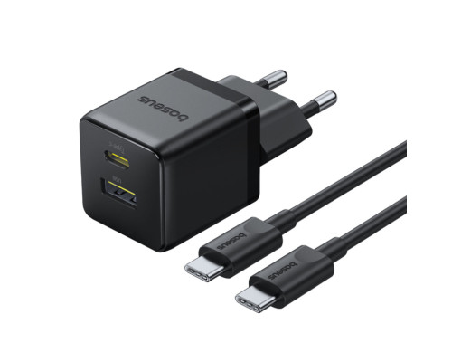 Мережевий зарядник пристрій Baseus Palm Fast Charger C+U 30W EU Cluster Black (with Baseus Mini White Cable USB-C to USB-C 60W (20V/3A) 1m) (P1011160A113-01)