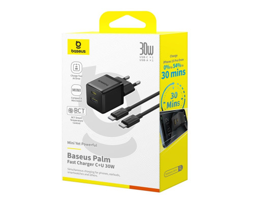 Мережевий зарядник пристрій Baseus Palm Fast Charger C+U 30W EU Cluster Black (with Baseus Mini White Cable USB-C to USB-C 60W (20V/3A) 1m) (P1011160A113-01)