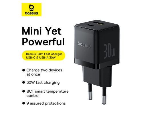 Мережевий зарядник пристрій Baseus Palm Fast Charger C+U 30W EU Cluster Black (with Baseus Mini White Cable USB-C to USB-C 60W (20V/3A) 1m) (P1011160A113-01)