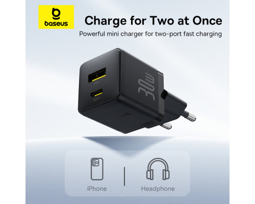 Мережевий зарядник пристрій Baseus Palm Fast Charger C+U 30W EU Cluster Black (with Baseus Mini White Cable USB-C to USB-C 60W (20V/3A) 1m) (P1011160A113-01)