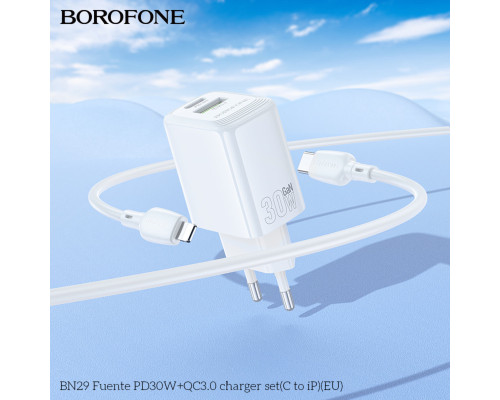 Мережевий зарядний пристрій BOROFONE BN29 Fuente PD30W+QC3.0 charger set (C to iP) (EU) White (6941991120336)