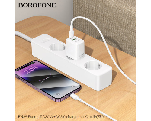 Мережевий зарядний пристрій BOROFONE BN29 Fuente PD30W+QC3.0 charger set (C to iP) (EU) White (6941991120336)