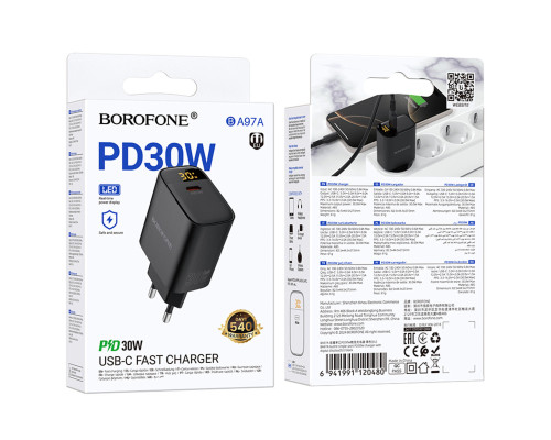 Мережевий зарядний пристрій BOROFONE BA97A Ilustre single-port PD30W charger with digital display (EU) Black (6941991120480)