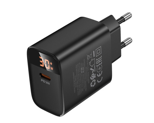 Мережевий зарядний пристрій BOROFONE BA97A Ilustre single-port PD30W charger with digital display (EU) Black (6941991120480)