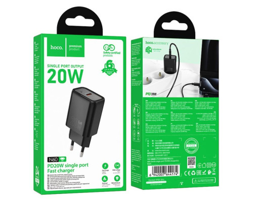 Мережевий зарядний пристрій HOCO N60 Gentle single port PD20W charger (EU) Black (6942007644174)