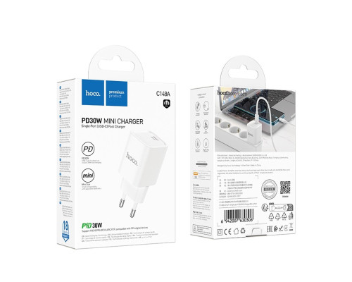 Мережевий зарядний пристрій HOCO C148A Charm single port PD30W charger (EU) White (6942007630306)