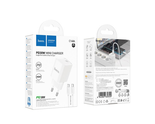 Мережевий зарядний пристрій HOCO C148A Charm single port PD30W charger set (C to C) (EU) White (6942007630320)