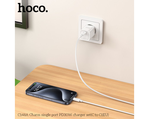 Мережевий зарядний пристрій HOCO C148A Charm single port PD30W charger set (C to C) (EU) White (6942007630320)