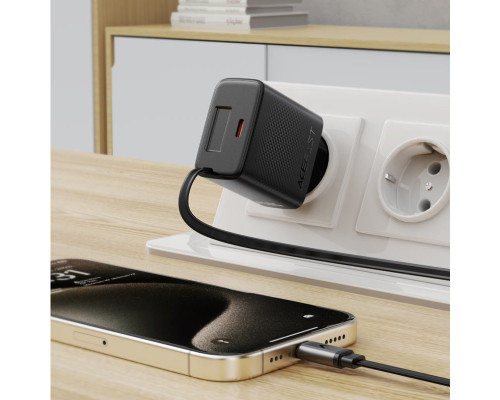 Мережевий зарядний пристрій ACEFAST A110 PD30W GaN charger (USB-C+USB-C) with retractable cable (EU) Black (6974316283942)
